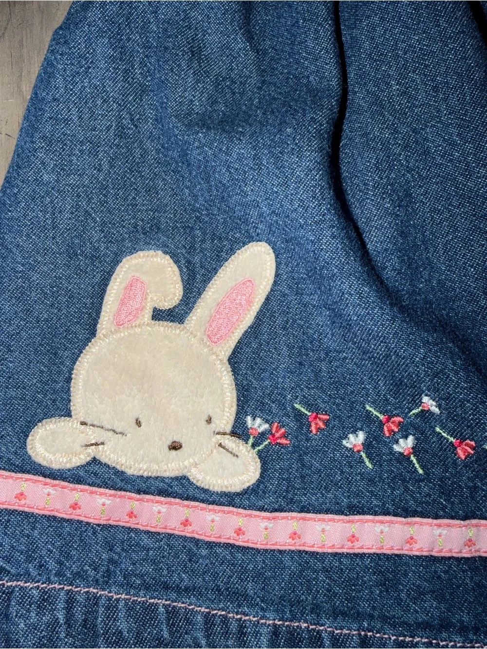 Vintage Carter's Navy Blue Denim Bunny Embroidered Dress Baby 6-9 Months